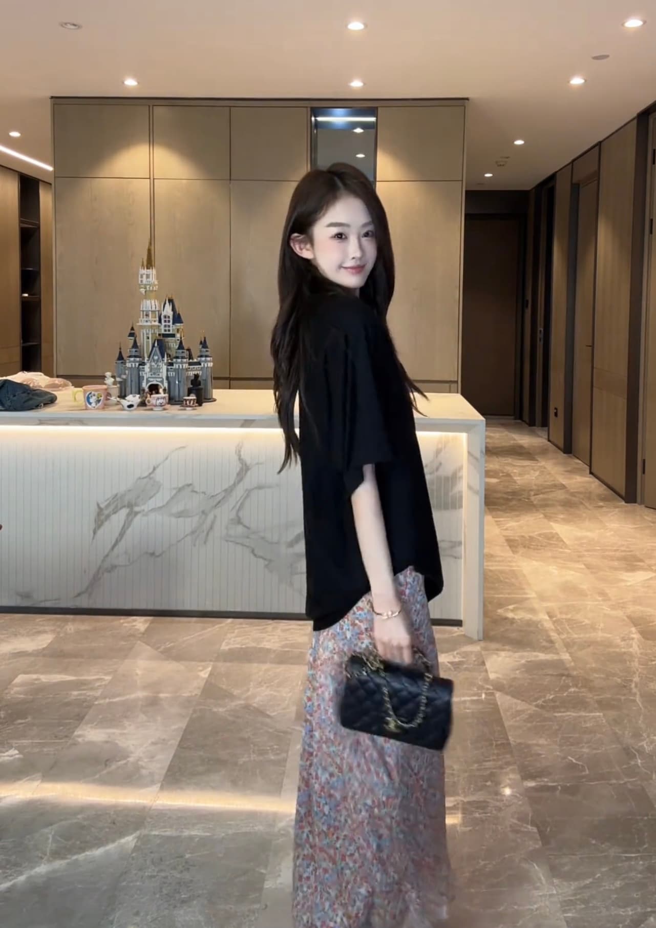 cuixingxing 사선 무늬 프린트 신축성 허리 얇고 가벼운 롱 스커트 여성 37180 블랙 t 상세 이미지 3