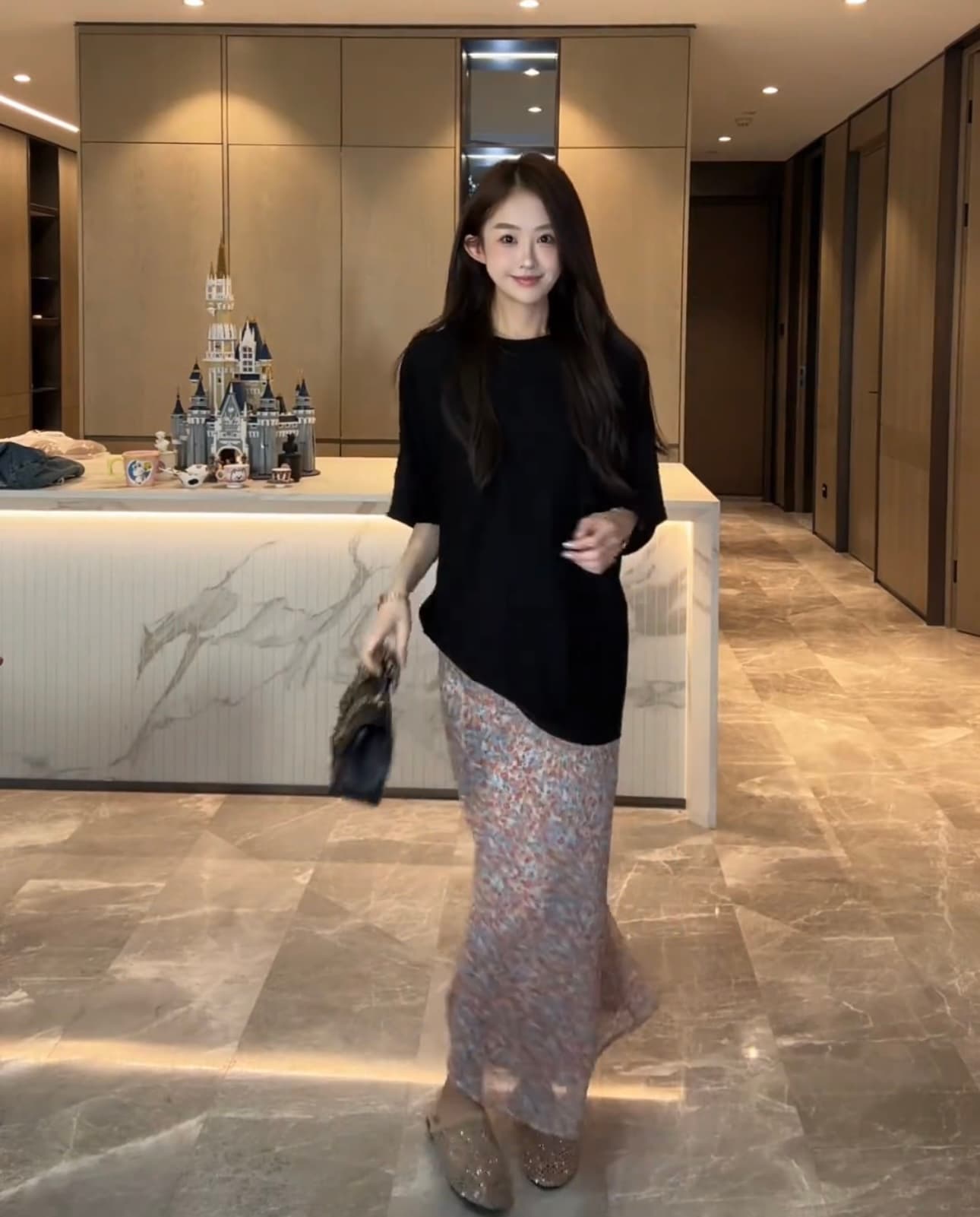 cuixingxing 사선 무늬 프린트 신축성 허리 얇고 가벼운 롱 스커트 여성 37180 블랙 t 상세 이미지 7