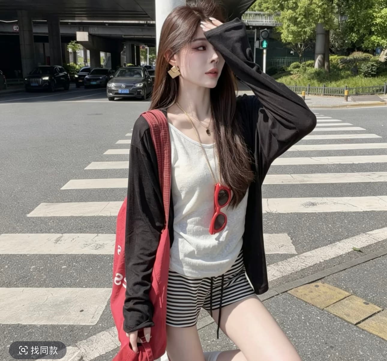 샤오 크릭 의류 여름 새로운 느긋한 바람 자외선 차단 슬립 오픈 가디건 세트 2276 스트라이프 반바지 이미지 5