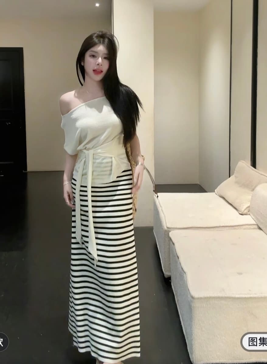 huihui 여름 한 부서 느긋한 바람 맨위 경기 스트라이프 반신 스커트 슬림해 보이는 다용도 세트 l0619 상세 이미지 20