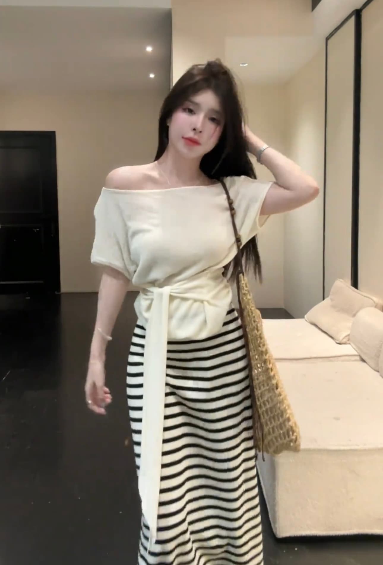 huihui 여름 한 부서 느긋한 바람 맨위 경기 스트라이프 반신 스커트 슬림해 보이는 다용도 세트 l0619 이미지 4