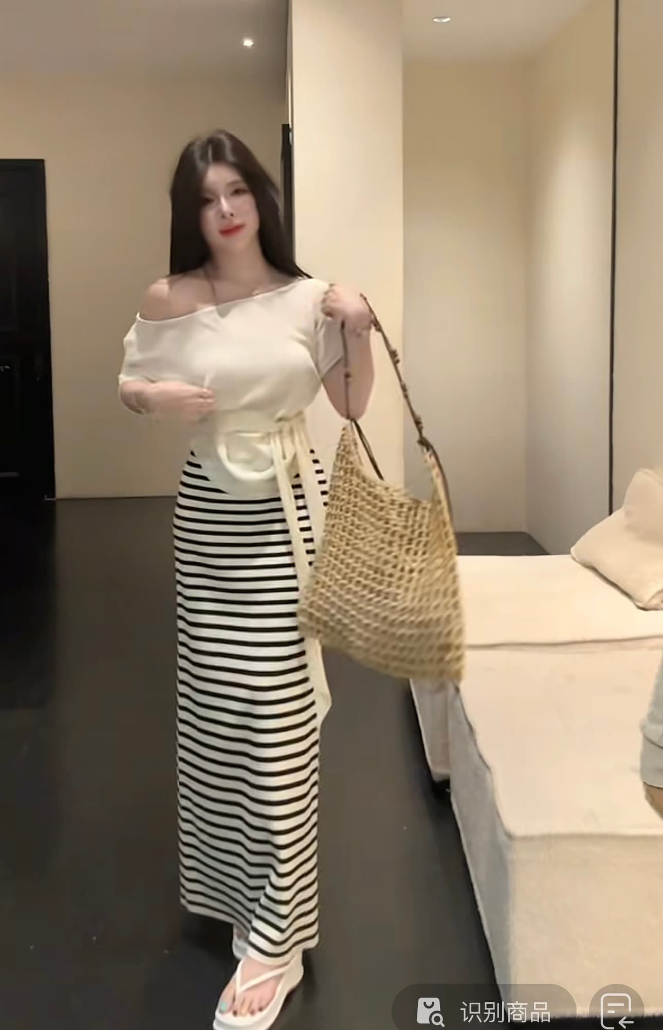 huihui 여름 한 부서 느긋한 바람 맨위 경기 스트라이프 반신 스커트 슬림해 보이는 다용도 세트 l0619 상세 이미지 2