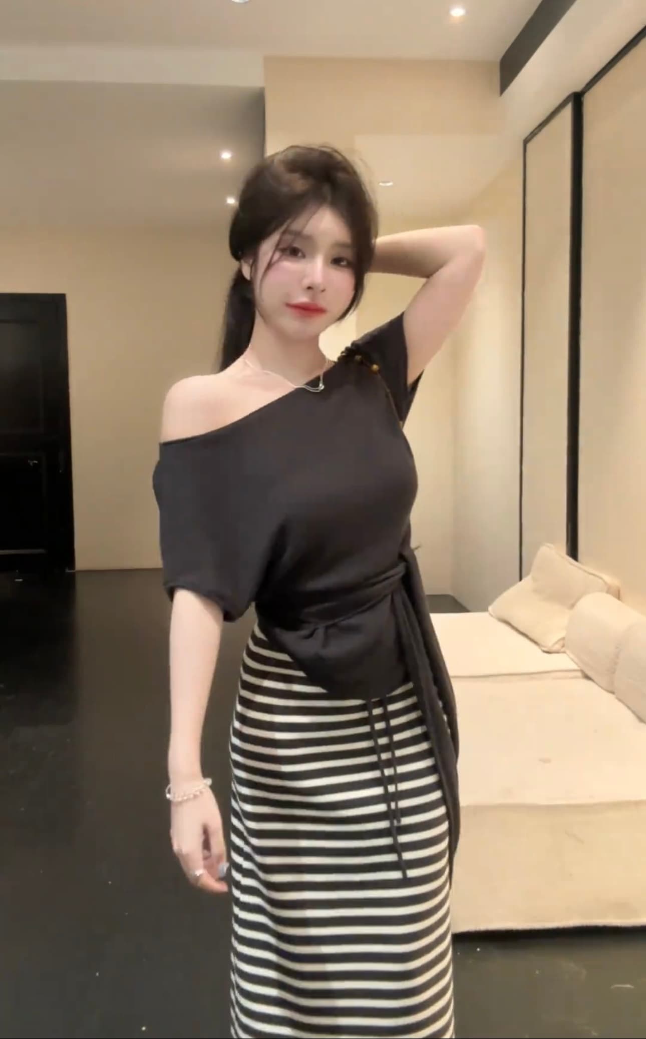 huihui 여름 한 부서 느긋한 바람 맨위 경기 스트라이프 반신 스커트 슬림해 보이는 다용도 세트 l0619 상세 이미지 10