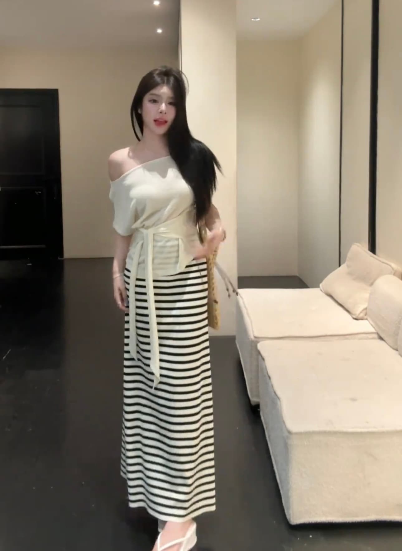 huihui 여름 한 부서 느긋한 바람 맨위 경기 스트라이프 반신 스커트 슬림해 보이는 다용도 세트 l0619 상세 이미지 12