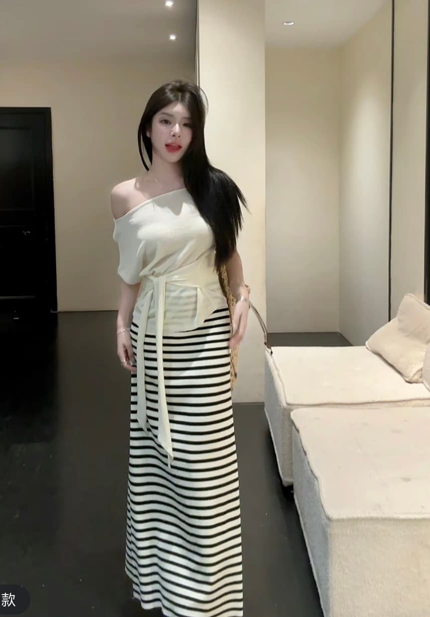 huihui 여름 한 부서 느긋한 바람 맨위 경기 스트라이프 반신 스커트 슬림해 보이는 다용도 세트 l0619 상세 이미지 18