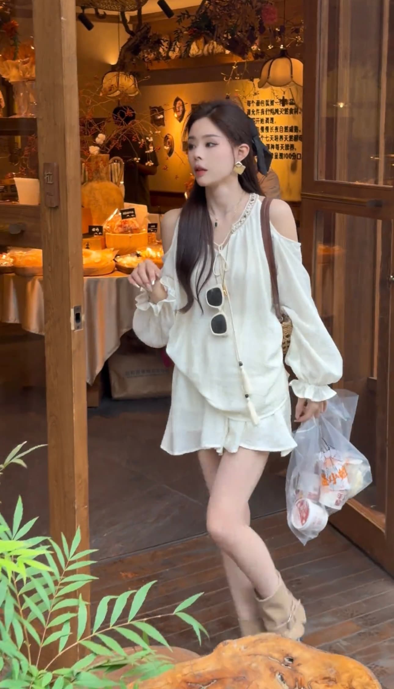 샤오 크릭 의류 한 부서 오프숄더 품격 루즈핏 느긋한 긴팔 슬림해 보이는 셔츠 치마바지 패션 세트 2325 상세 이미지 6
