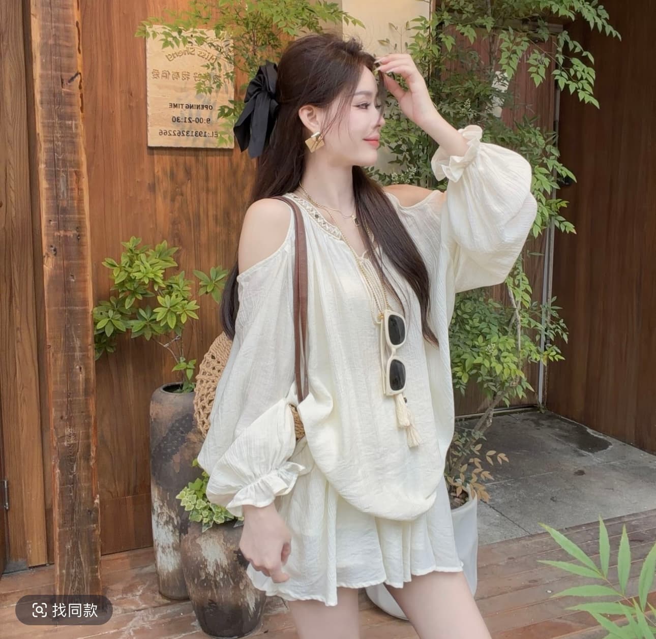 샤오 크릭 의류 한 부서 오프숄더 품격 루즈핏 느긋한 긴팔 슬림해 보이는 셔츠 치마바지 패션 세트 2325 이미지 5