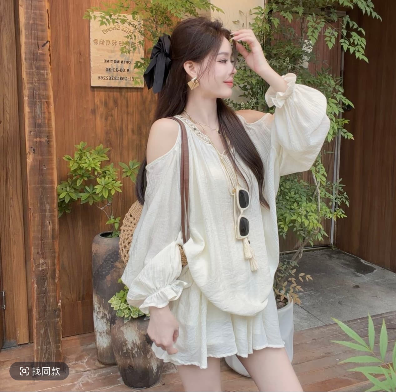 샤오 크릭 의류 한 부서 오프숄더 품격 루즈핏 느긋한 긴팔 슬림해 보이는 셔츠 치마바지 패션 세트 2325 상세 이미지 4