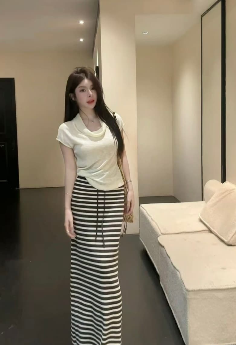huihui 순수한 욕망 핫걸 한국 스타일 흔들다 칼라 반팔 티셔츠 하이웨이스트 스트라이프 반신 치마 세트 l065 이미지 5