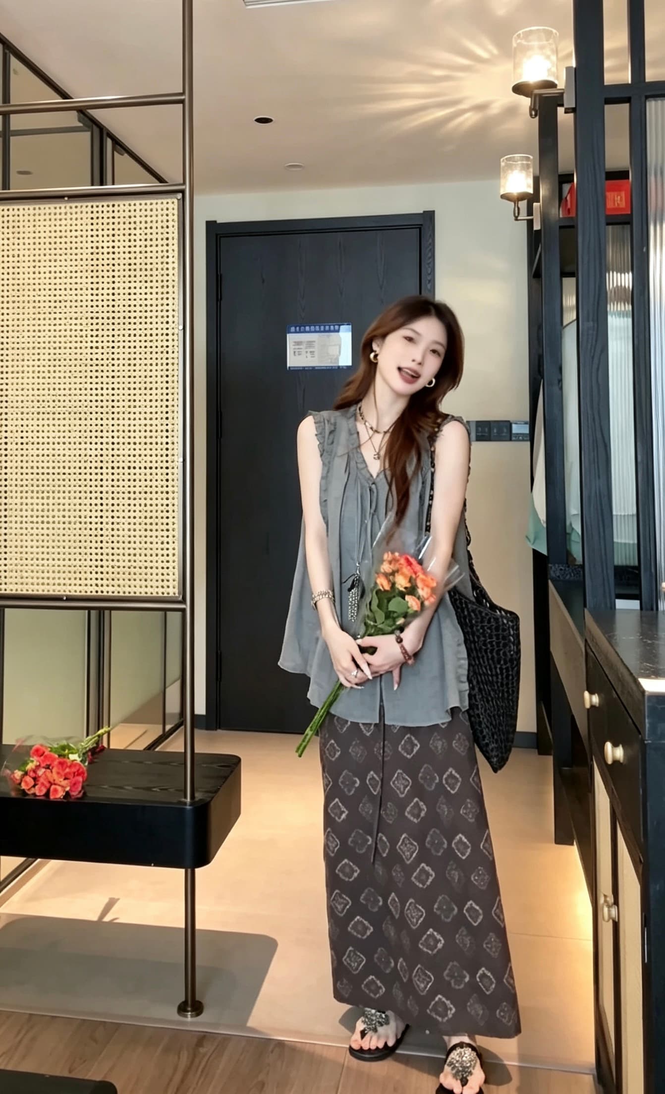 jbjx 빛 산소 질감 주간 실크 얼어서 고움 귀 민소매 작은 셔츠 품격 외국 가스 치마 이미지 4