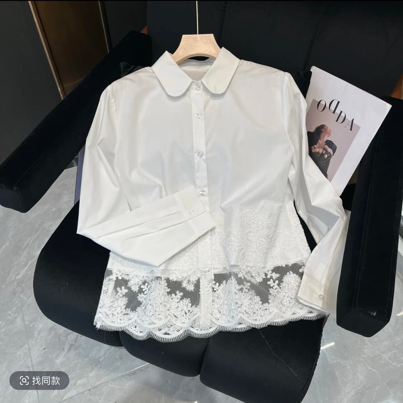 yue 3388 작은 복숭아 심장 봄 얇은 ~ 중 칼라 밑단 홀로우 아웃 패치워크 레이스 자수 공예 셔츠 상세 이미지 6