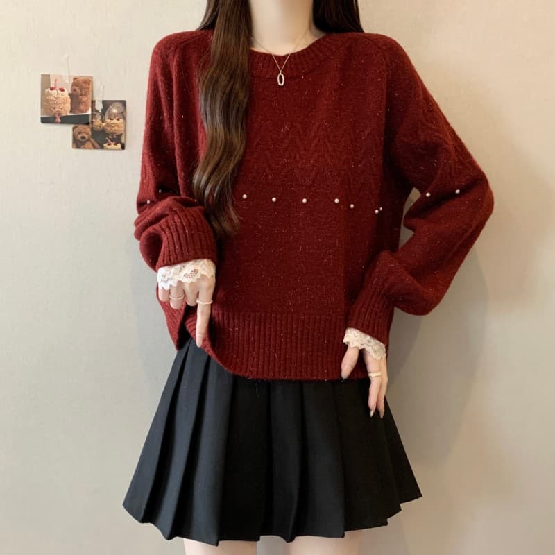 실사 빅 사이즈 지방 mm 가을 겨울 새로운 새해 빨간색 라운드 넥 못 훈련 레이스 스티치 슬리브 긴팔 풀오버 상세 이미지 3