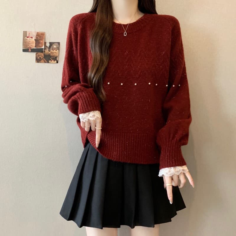 실사 빅 사이즈 지방 mm 가을 겨울 새로운 새해 빨간색 라운드 넥 못 훈련 레이스 스티치 슬리브 긴팔 풀오버 상세 이미지 4