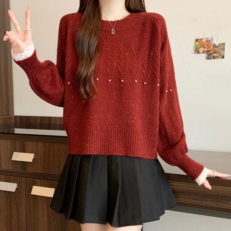 실사 빅 사이즈 지방 mm 가을 겨울 새로운 새해 빨간색 라운드 넥 못 훈련 레이스 스티치 슬리브 긴팔 풀오버 상세 이미지 7