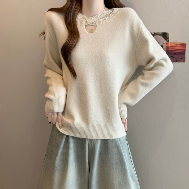 실사 빅 사이즈 지방 mm 가을 겨울 새로운 새해 빨간색 홀로우 아웃 못 훈련 십자가 칼라 긴팔 긍정적 인 어깨 풀오버 상세 이미지 11