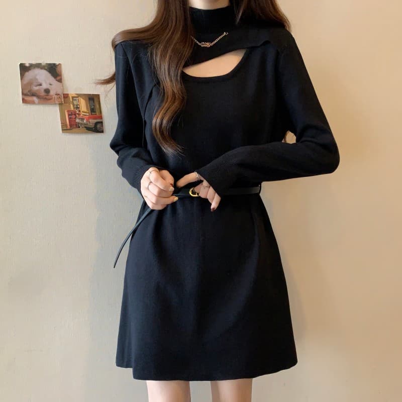 실사 빅 사이즈 지방 mm 가을 겨울 새로운 새해 빨간색 홀로우 아웃 칼라 부서 벨트 풀오버 맨위 드레스 스웨터 상세 이미지 10