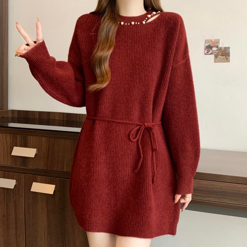 실사 빅 사이즈 지방 mm 가을 겨울 새로운 새해 빨간색 홀로우 아웃 칼라 무거운 작업 못 훈련 레이스업 긴팔 풀오버 드레스 상세 이미지 5