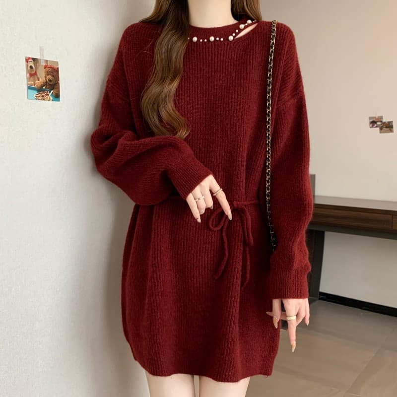실사 빅 사이즈 지방 mm 가을 겨울 새로운 새해 빨간색 홀로우 아웃 칼라 무거운 작업 못 훈련 레이스업 긴팔 풀오버 드레스 상세 이미지 7