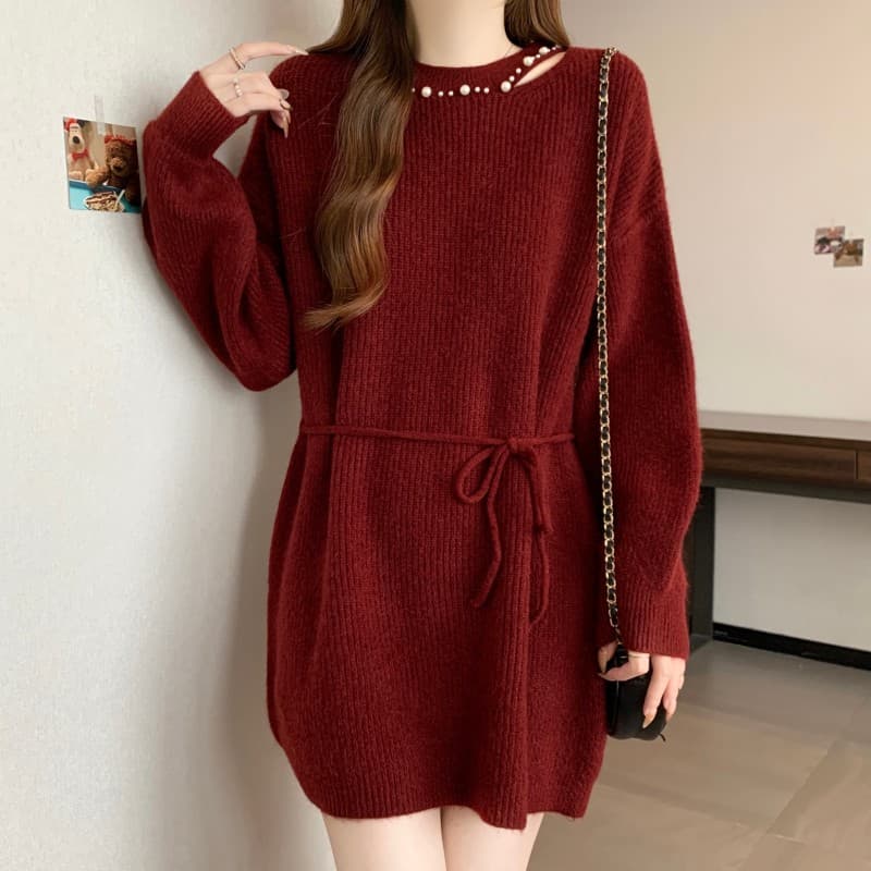 실사 빅 사이즈 지방 mm 가을 겨울 새로운 새해 빨간색 홀로우 아웃 칼라 무거운 작업 못 훈련 레이스업 긴팔 풀오버 드레스 상세 이미지 8