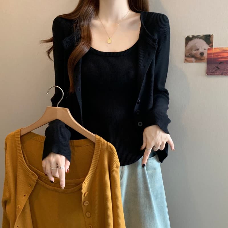 실사 빅 사이즈 지방 mm 봄 새로운 슬립 라운드 넥 미니멀리즘 긴팔 오픈 가디건 긍정적 인 어깨 투피스 세트 이미지 3