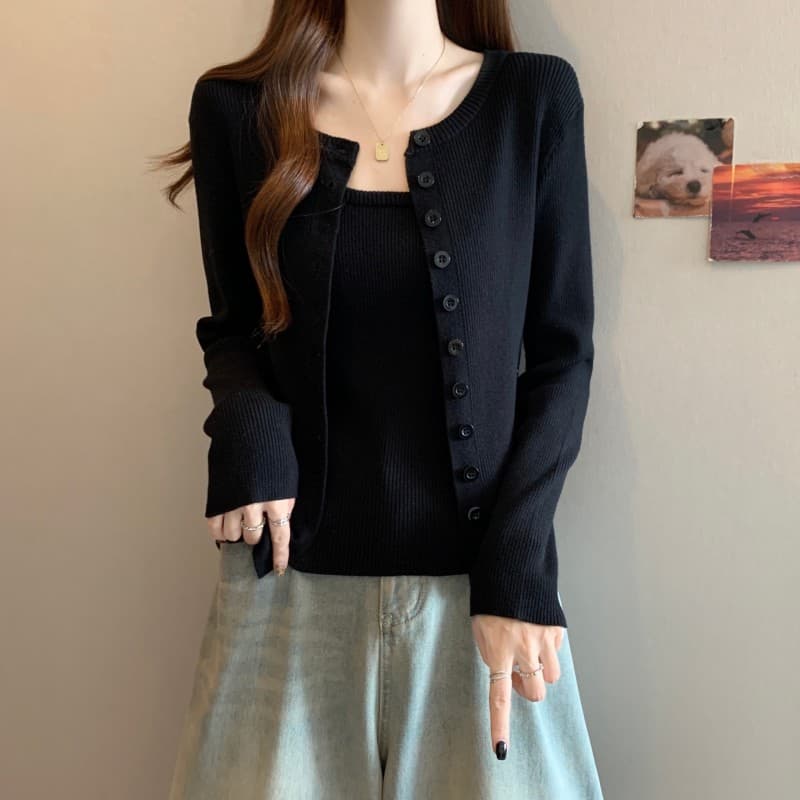 실사 빅 사이즈 지방 mm 봄 새로운 슬립 라운드 넥 미니멀리즘 긴팔 오픈 가디건 긍정적 인 어깨 투피스 세트 상세 이미지 2