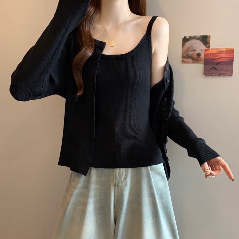 실사 빅 사이즈 지방 mm 봄 새로운 슬립 라운드 넥 미니멀리즘 긴팔 오픈 가디건 긍정적 인 어깨 투피스 세트 상세 이미지 3