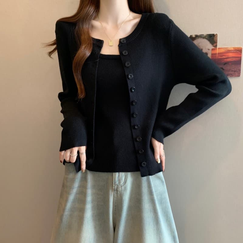 실사 빅 사이즈 지방 mm 봄 새로운 슬립 라운드 넥 미니멀리즘 긴팔 오픈 가디건 긍정적 인 어깨 투피스 세트 상세 이미지 5