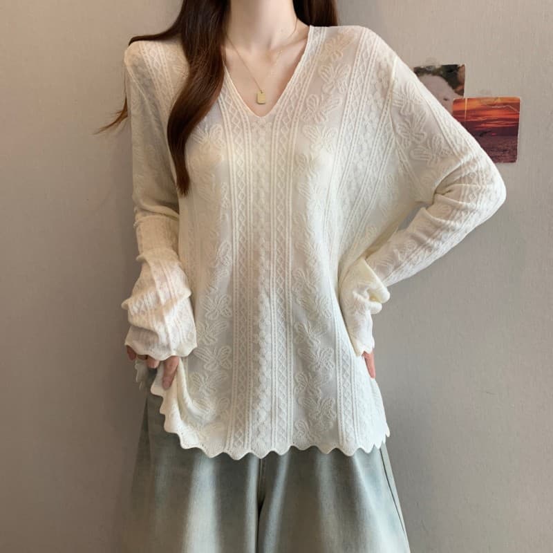 실사 빅 사이즈 지방 mm 봄 새로운 V넥 어두운 꽃 물결무늬 옆으로 눕다. 진자 긴팔 맨위 니트 스웨터 상세 이미지 9