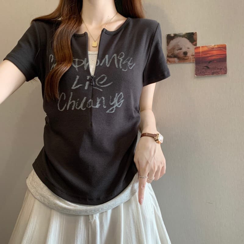 실사 빅 사이즈 지방 mm 여름 새로운 배색 패치워크 지퍼 칼라 알파벳 프린트 반팔 긍정적 인 어깨 의류 티셔츠 상세 이미지 4