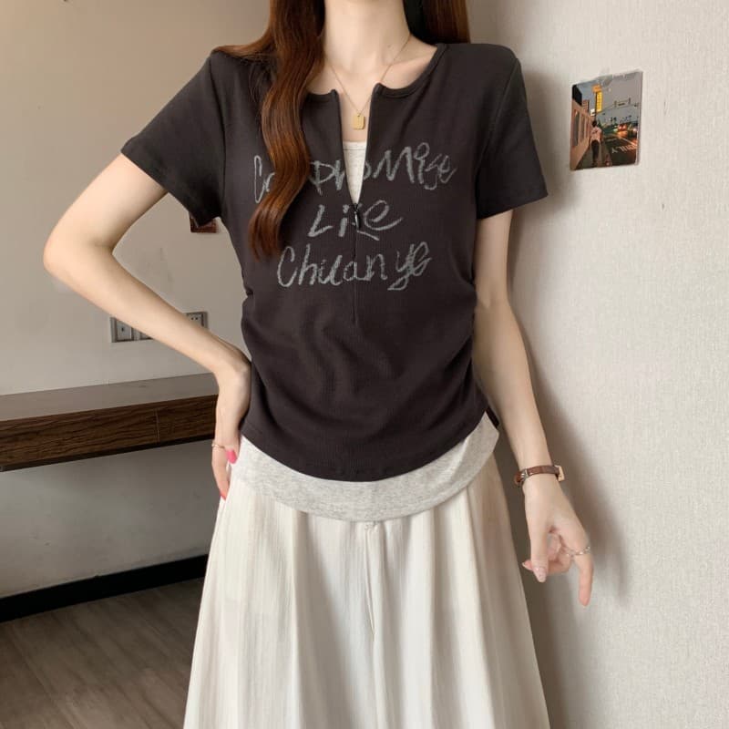 실사 빅 사이즈 지방 mm 여름 새로운 배색 패치워크 지퍼 칼라 알파벳 프린트 반팔 긍정적 인 어깨 의류 티셔츠 상세 이미지 11