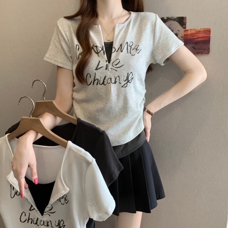 실사 빅 사이즈 지방 mm 여름 새로운 배색 패치워크 지퍼 칼라 알파벳 프린트 반팔 긍정적 인 어깨 의류 티셔츠 상세 이미지 14