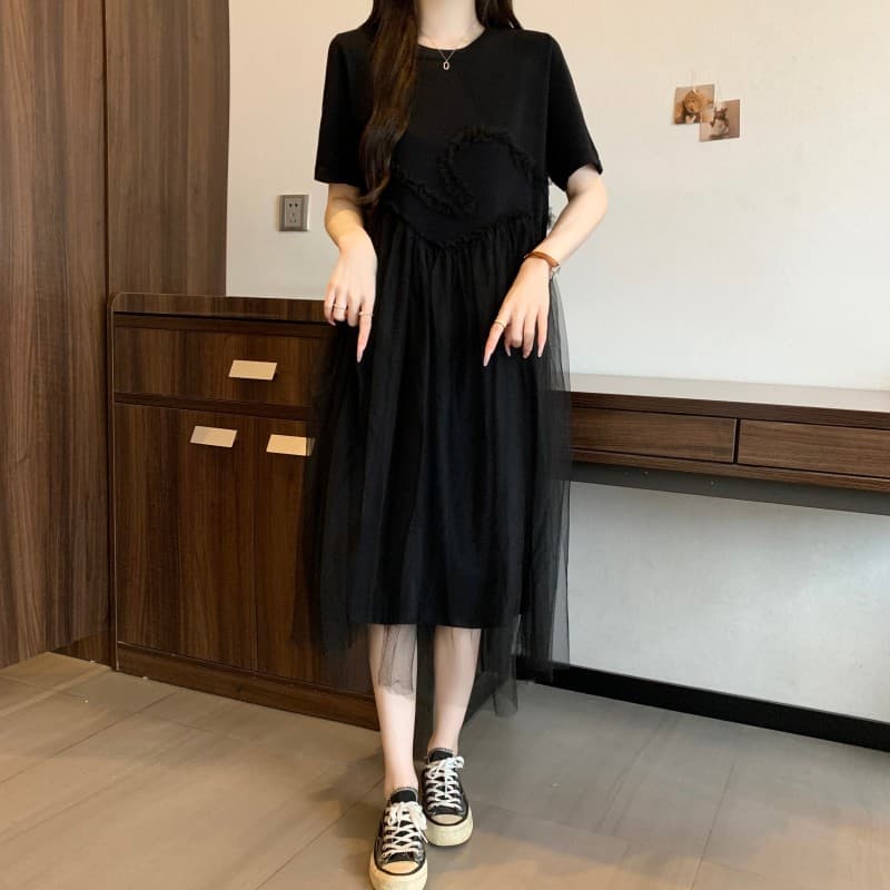 실사 빅 사이즈 지방 mm 여름 새로운 얼음 실크 라운드 넥 패치워크 요정 망사 루즈핏 드레스 이미지 3