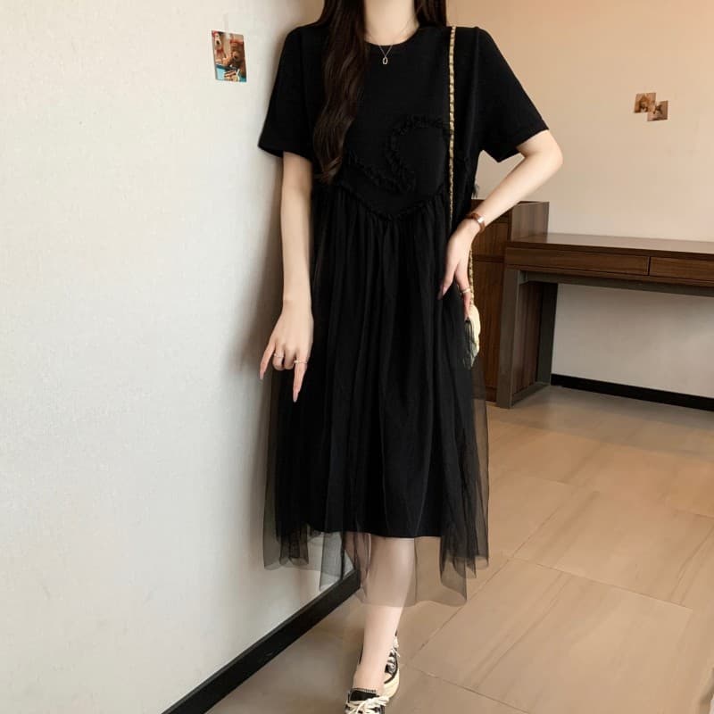 실사 빅 사이즈 지방 mm 여름 새로운 얼음 실크 라운드 넥 패치워크 요정 망사 루즈핏 드레스 상세 이미지 7
