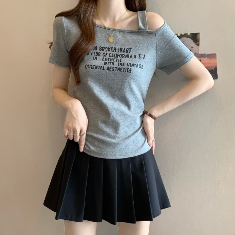 실사 빅 사이즈 지방 mm 여름 새로운 이슬 숄더백 쇄골 알파벳 프린트 몸매 가꾸기 반팔 긍정적 인 어깨 의류 티셔츠 상세 이미지 8