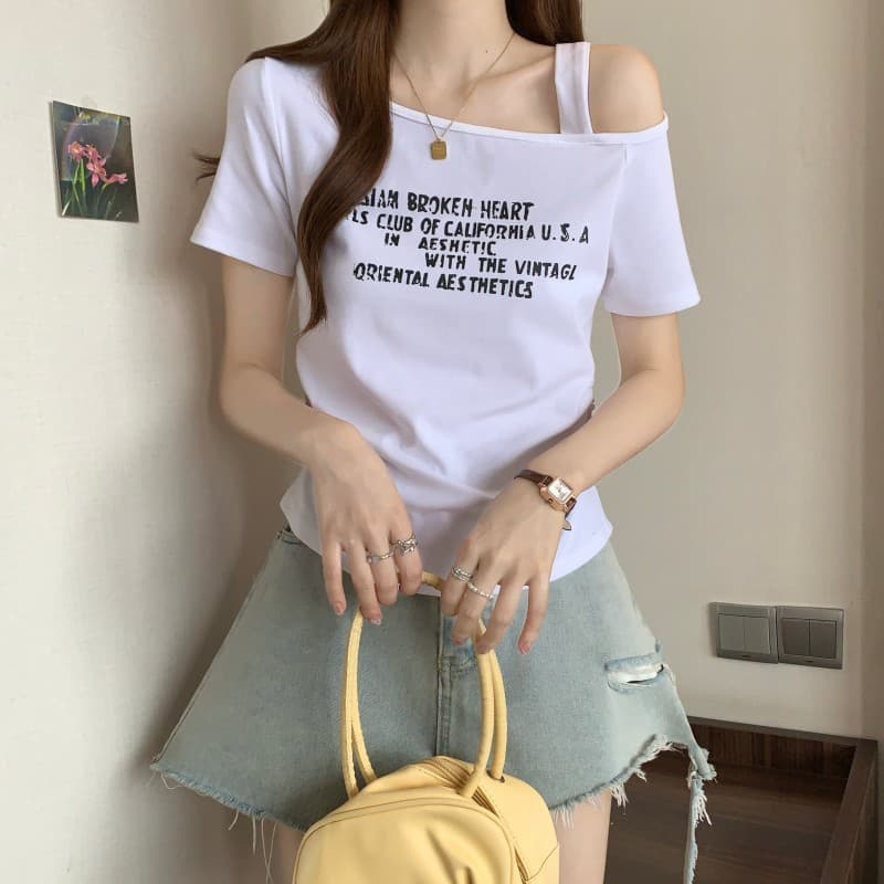 실사 빅 사이즈 지방 mm 여름 새로운 이슬 숄더백 쇄골 알파벳 프린트 몸매 가꾸기 반팔 긍정적 인 어깨 의류 티셔츠 상세 이미지 20
