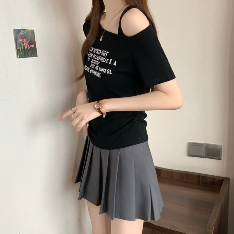 실사 빅 사이즈 지방 mm 여름 새로운 이슬 숄더백 쇄골 알파벳 프린트 몸매 가꾸기 반팔 긍정적 인 어깨 의류 티셔츠 상세 이미지 29