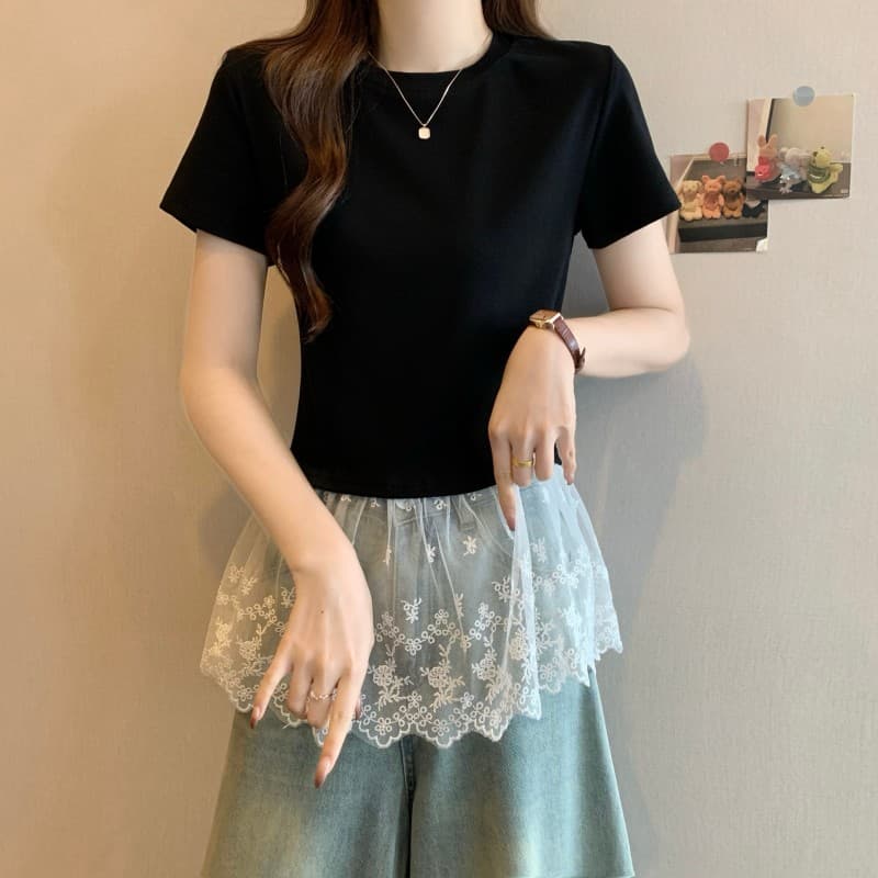 실사 빅 사이즈 지방 mm 여름 새로운 라운드 넥 레이스 조각 밑단 랩스커트팬츠 반팔 풀오버 맨위 티셔츠 상세 이미지 6