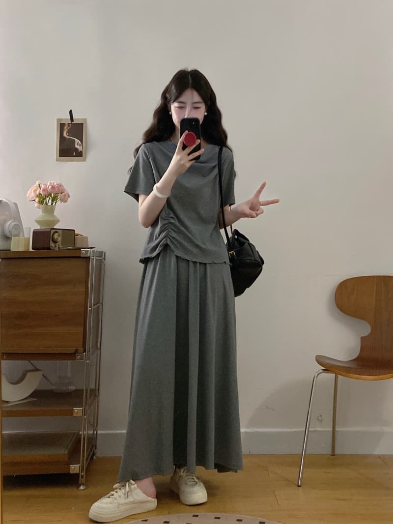 실사 빅 사이즈 지방 mm 여름 새로운 흔들다 칼라 긍정적 인 어깨 불규칙 밑단 큰 진자 허리밴드 롱 스커트 투피스 세트 상세 이미지 6