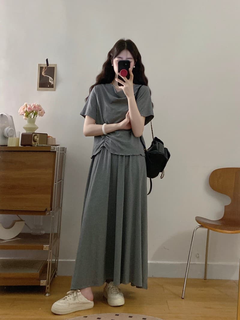 실사 빅 사이즈 지방 mm 여름 새로운 흔들다 칼라 긍정적 인 어깨 불규칙 밑단 큰 진자 허리밴드 롱 스커트 투피스 세트 상세 이미지 9