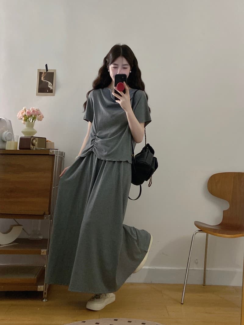실사 빅 사이즈 지방 mm 여름 새로운 흔들다 칼라 긍정적 인 어깨 불규칙 밑단 큰 진자 허리밴드 롱 스커트 투피스 세트 상세 이미지 10