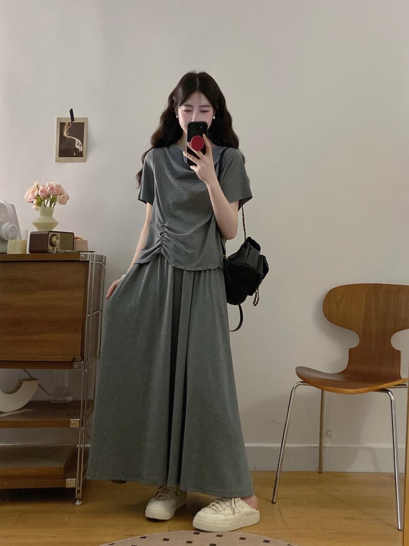 실사 빅 사이즈 지방 mm 여름 새로운 흔들다 칼라 긍정적 인 어깨 불규칙 밑단 큰 진자 허리밴드 롱 스커트 투피스 세트 상세 이미지 12