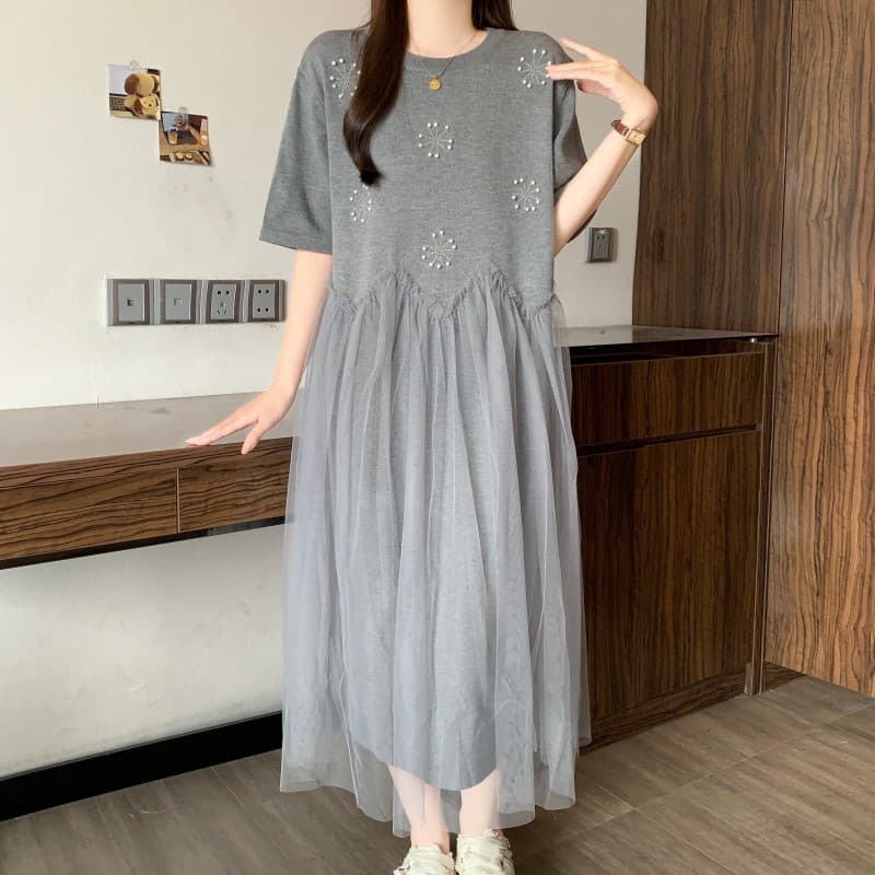 실사 빅 사이즈 지방 mm 여름 새로운 라운드 넥 무거운 작업 못 훈련 패치워크 망사 얼음 실크 드레스 상세 이미지 3