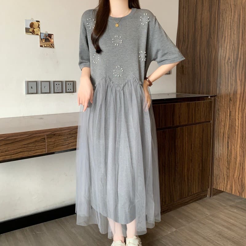 실사 빅 사이즈 지방 mm 여름 새로운 라운드 넥 무거운 작업 못 훈련 패치워크 망사 얼음 실크 드레스 상세 이미지 4
