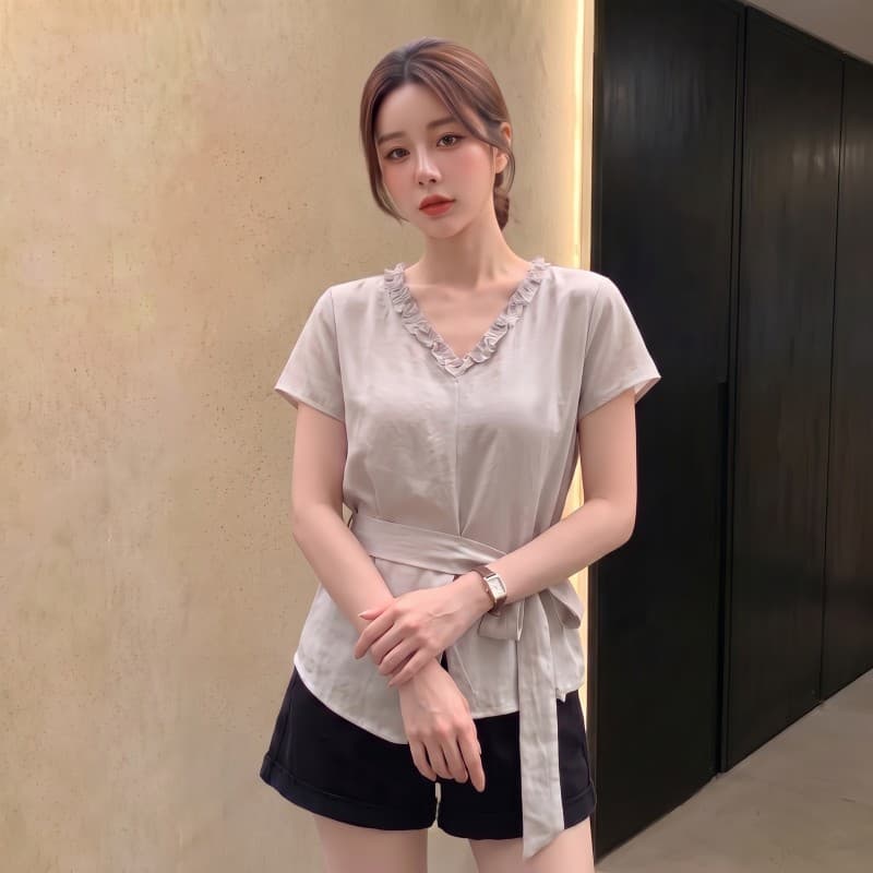 실사 빅 사이즈 지방 mm 여름 새로운 V넥 비대칭 밑단 끈 허리 수축 긍정적 인 어깨 반팔 맨위 상세 이미지 9