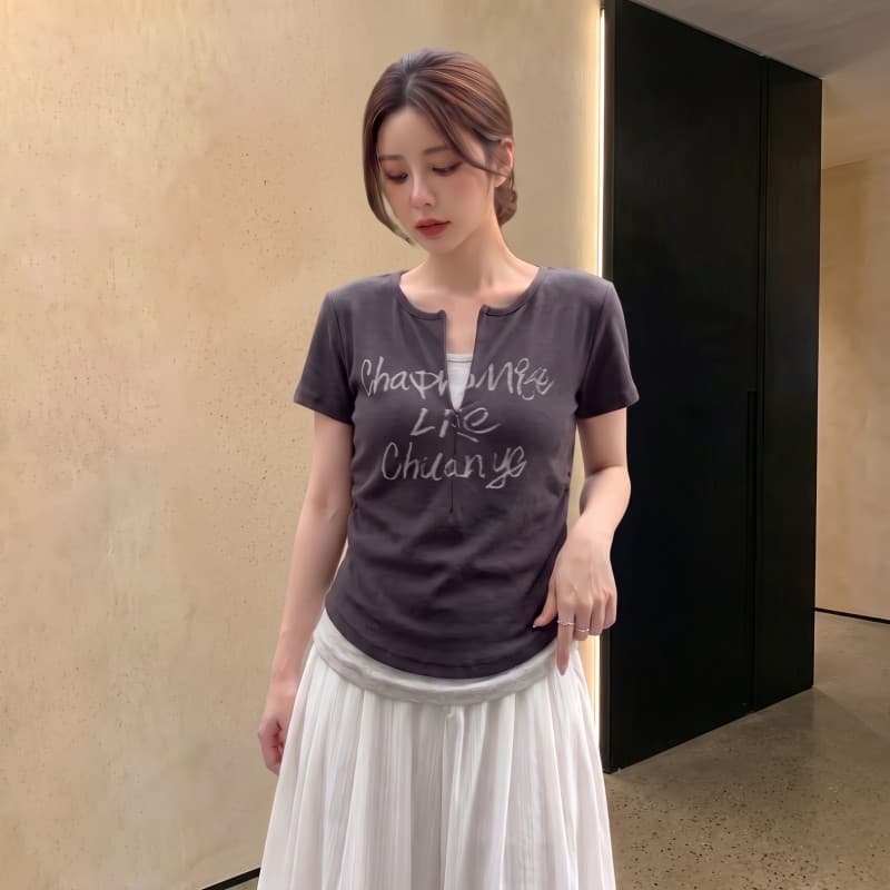 실사 빅 사이즈 지방 mm 여름 새로운 배색 패치워크 지퍼 칼라 알파벳 프린트 반팔 긍정적 인 어깨 의류 티셔츠 이미지 2