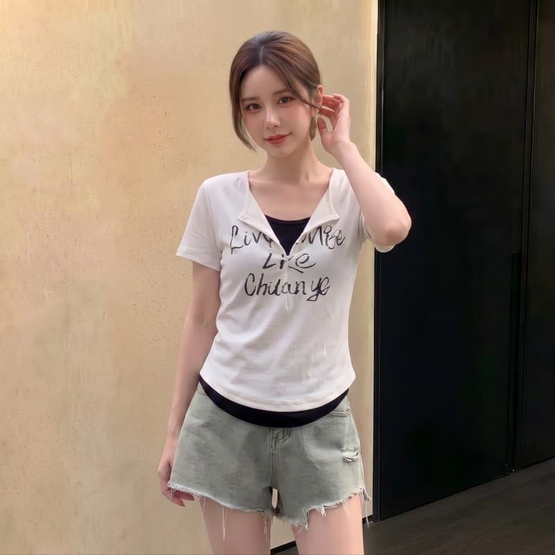 실사 빅 사이즈 지방 mm 여름 새로운 배색 패치워크 지퍼 칼라 알파벳 프린트 반팔 긍정적 인 어깨 의류 티셔츠 이미지 3