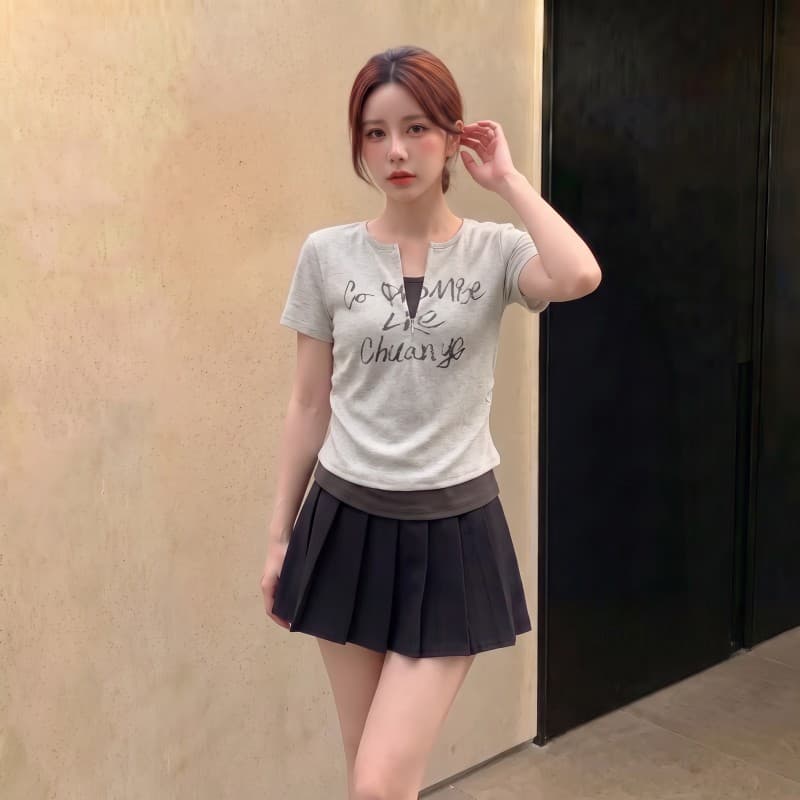 실사 빅 사이즈 지방 mm 여름 새로운 배색 패치워크 지퍼 칼라 알파벳 프린트 반팔 긍정적 인 어깨 의류 티셔츠