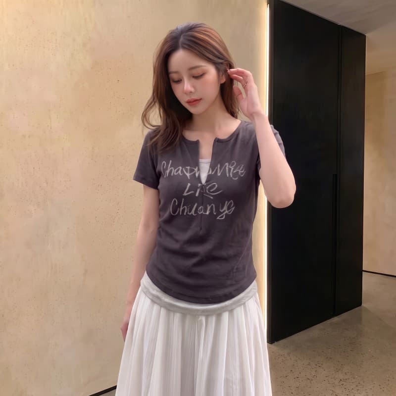 실사 빅 사이즈 지방 mm 여름 새로운 배색 패치워크 지퍼 칼라 알파벳 프린트 반팔 긍정적 인 어깨 의류 티셔츠 상세 이미지 3