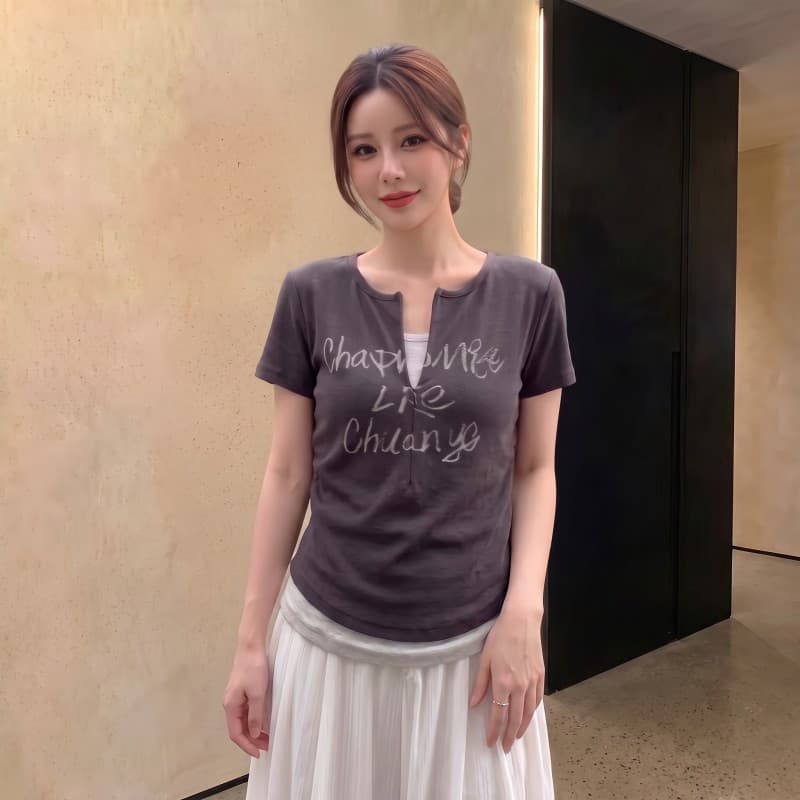 실사 빅 사이즈 지방 mm 여름 새로운 배색 패치워크 지퍼 칼라 알파벳 프린트 반팔 긍정적 인 어깨 의류 티셔츠 상세 이미지 4