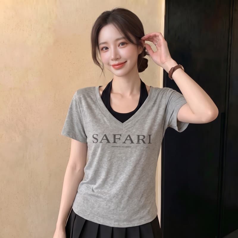 실사 빅 사이즈 지방 mm 여름 새로운 배색 V넥 페이크 레이어드 알파벳 프린트 긍정적 인 어깨 반팔 맨위 티셔츠 이미지 2